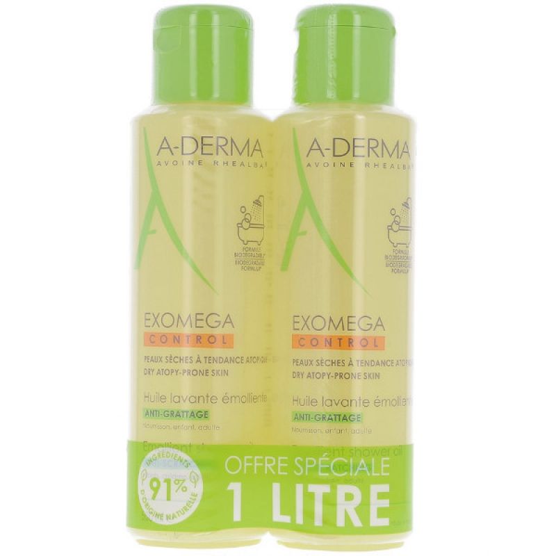 Aderma Exomega Control Huile Lavante Émolliente Anti-Grattage Lot de 2 x 500 ml