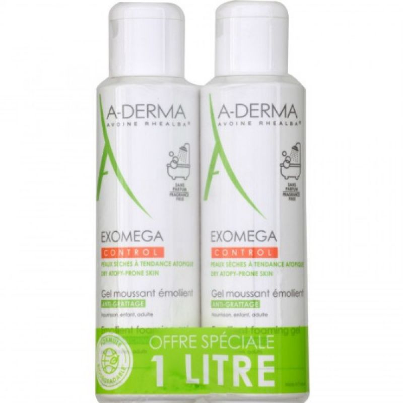 Aderma Exomega Control Gel Moussant Émollient Anti-Grattage Lot de 2 x 500 ml