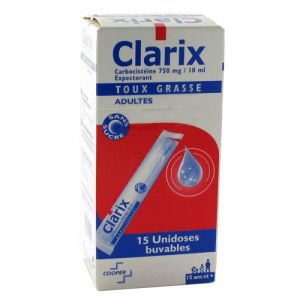 CLARIX EXPECTORANT CARBOCISTEINE 750 mg/10 ml ADULTES SANS SUCRE, solution buvable en sachet édulcor