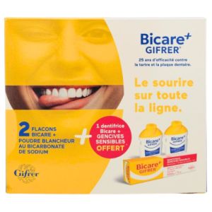 BICARE+ 2flacons poudre blancheur+ 1 dentifrice gencives sensibles offert