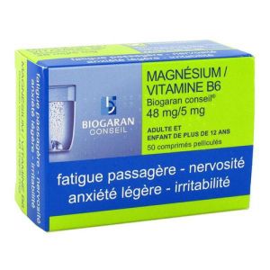 MAGNESIUM/VITAMINE B6 BIOGARAN CONSEIL 48 mg/5 mg, 50 comprimés pelliculés