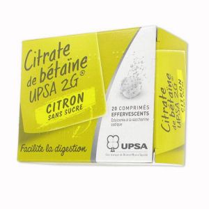 CITRATE DE BETAINE CITRON UPSA 2 g SANS SUCRE, 20 comprimés effervescents édulcorés à la saccharine