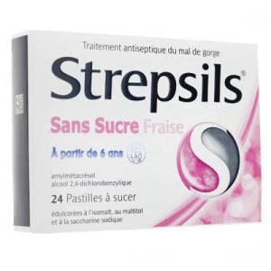 Strepsils fraise sans sucre 24 pastilles