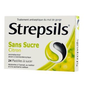 STREPSILS CITRON SANS SUCRE, pastille édulcorée à l'isomalt, au maltitol et à la saccharine sodique