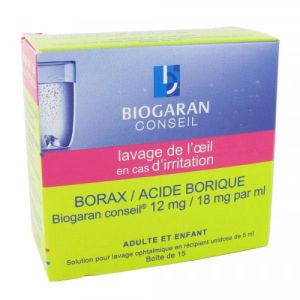 BORAX/ACIDE BORIQUE BIOGARAN CONSEIL 12 mg/18 mg par ml, solution pour lavage ophtalmique en récipie