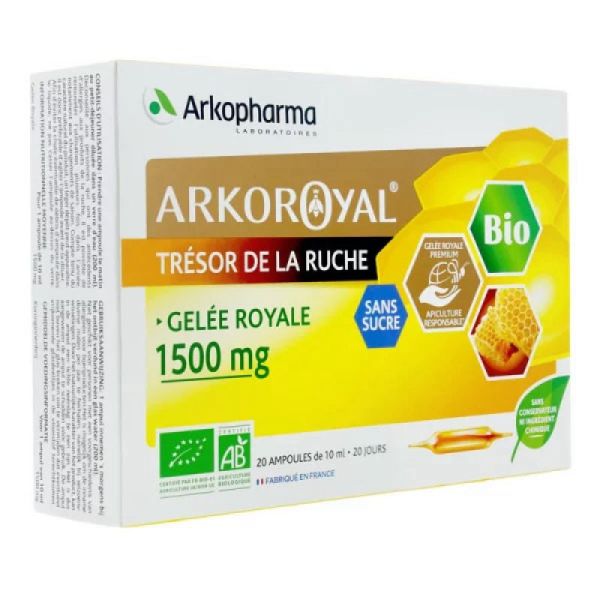 Arkopharma Arko Royal Trésor de la Ruche Gelée Royale 1500 mg Sans Sucre Bio 20 Ampoules