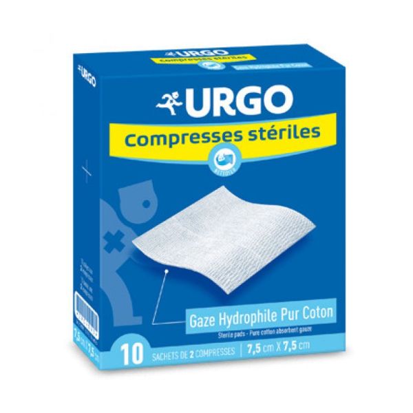 URGO Compresses Stériles Gaze 10 x 10 cm Bte/50 - Gaze Hydrophile Pur Coton 10 x 10 cm - Sachet de 2