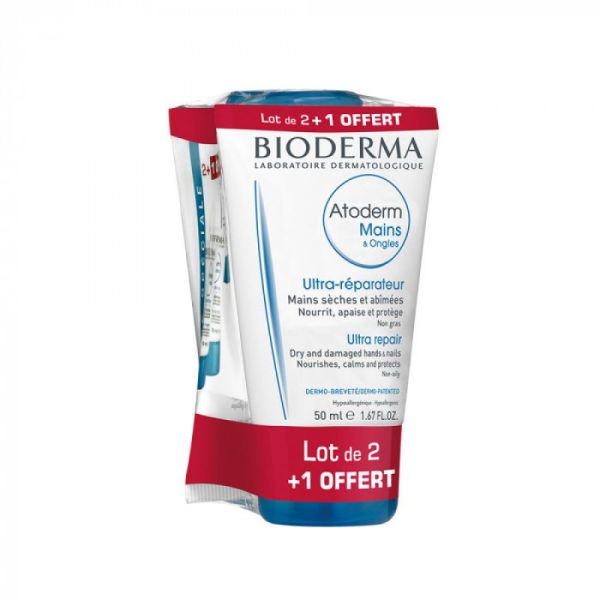 Bioderma Atoderm Mains & Ongles Crème Réparatrice Lot de 2 x 50 ml + 1 Offert