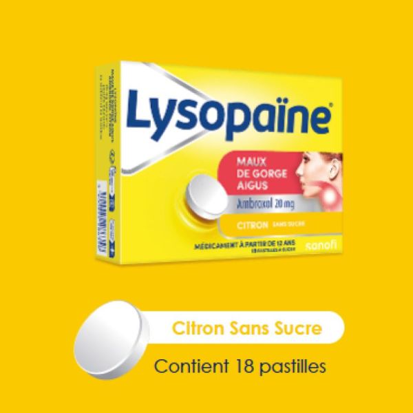 Lysopaïne Ambroxol citron sans sucre 18 pastilles
