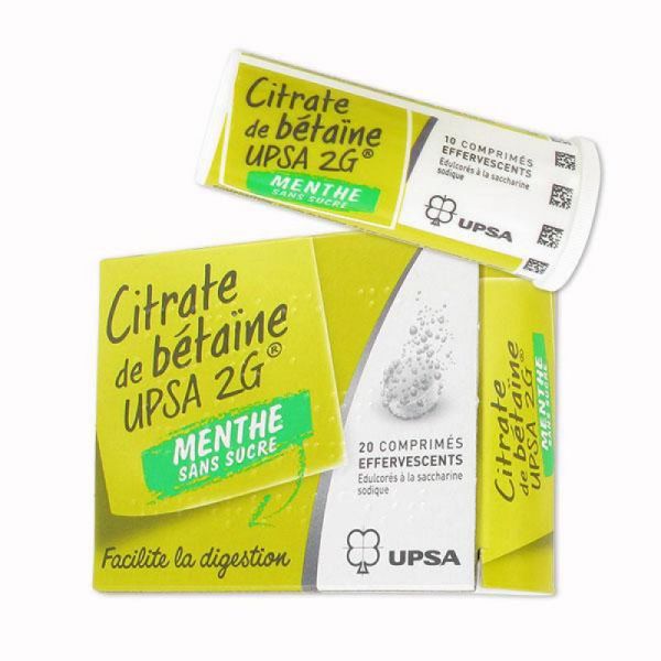CITRATE DE BETAINE UPSA 2 g  MENTHE SANS SUCRE, 20 comprimés effervescents édulcorés à la saccharine